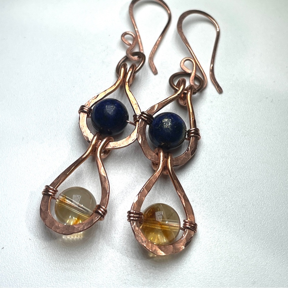 Citrine And and Blue Lapiz Lazuli Gemstone Copper Boho Artisan Earrings - Picture 7 of 11